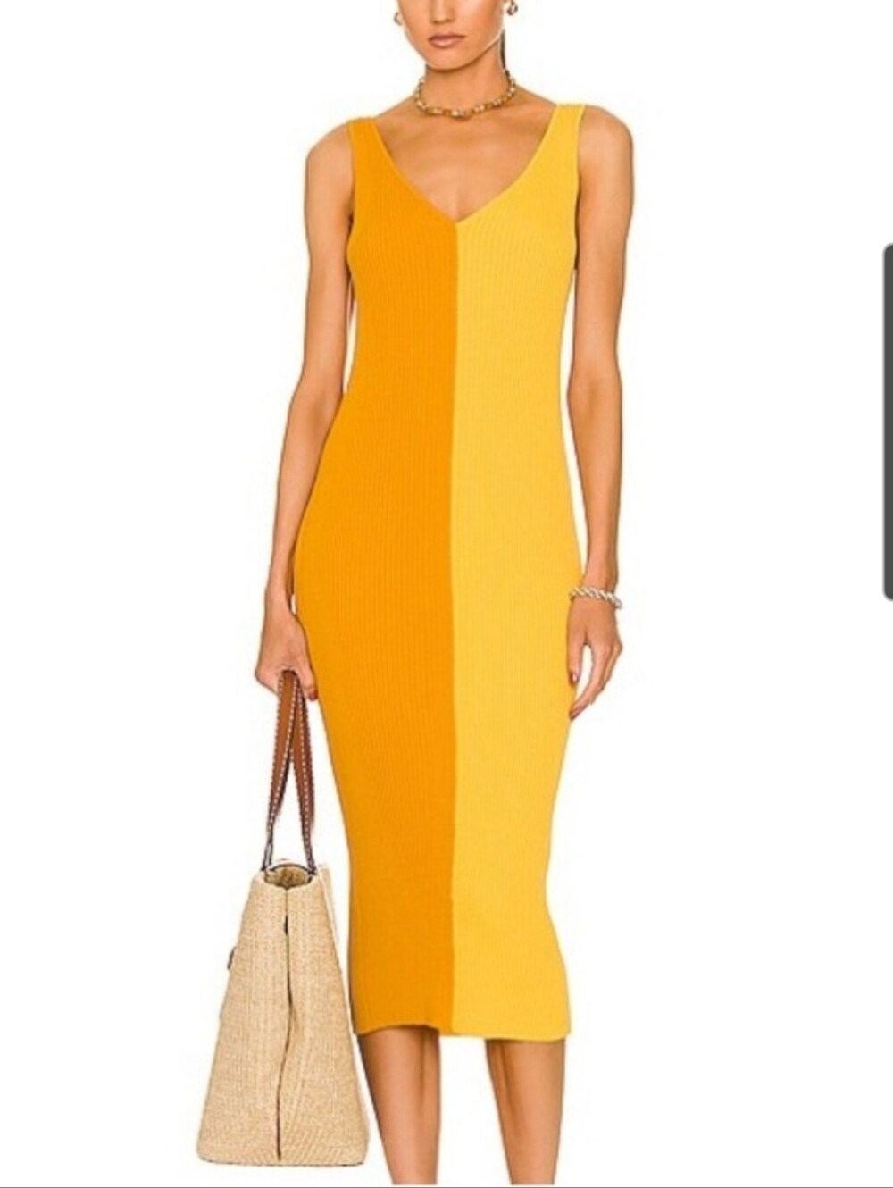Staud Dana Rib Knit Dress In Goldie Two-tone Yellow